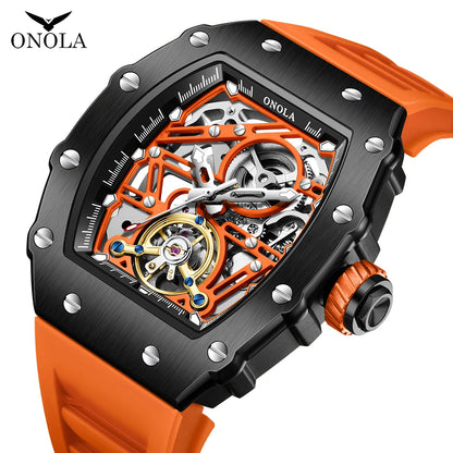 Reloj de lujo a la moda para hombre ONOLA, volante de inercia ahuecado, relojes mecánicos completamente automáticos de silicona resistentes al agua, reloj