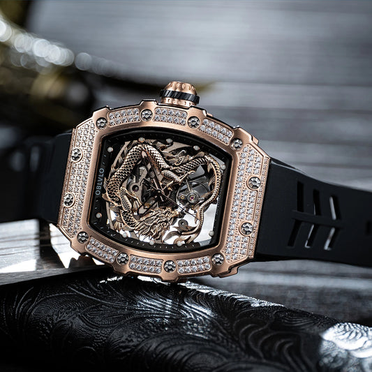 Relojes OBLVLO de goma con Dragón dorado rosa y diamantes, esqueleto Tonneau, mecánico automático, resistente al agua, para hombre, Relojes XM-DRAGON-D