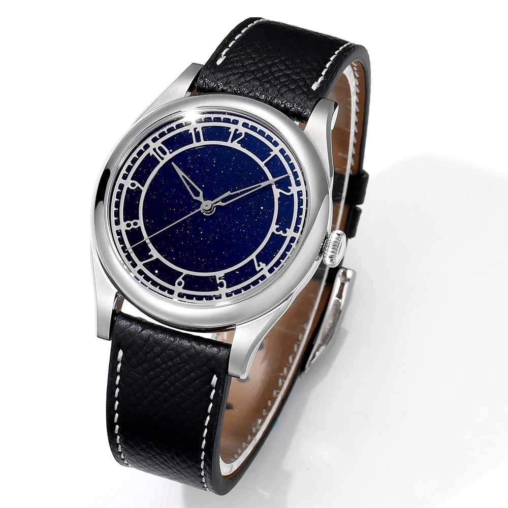 HUASUO 38mm 316L Stainless Steel Business Dress Men Watch Blue Aventurine Dail Aautomatic Mechanical  SW200 Sapphire Crystal