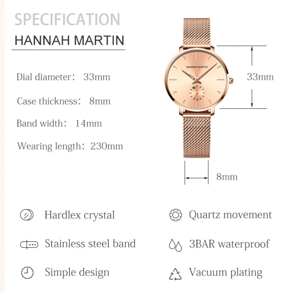 HANNAH MARTIN Reloj de Mujer de 33mm Reloj de cuarzo pequeño de segunda mano resistente al agua exquisito Reloj con correa de malla de acero para Mujer Reloj de Mujer