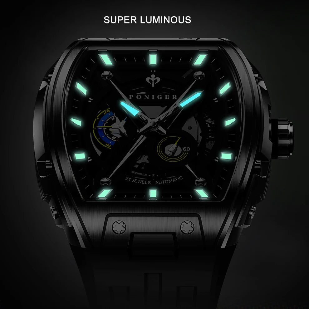 PONIGER Men Automatic Watch 46mm Luxury Tonneau Mechanical Wristwatch Sapphire Luminous Skeleton Dial Rubber Strap