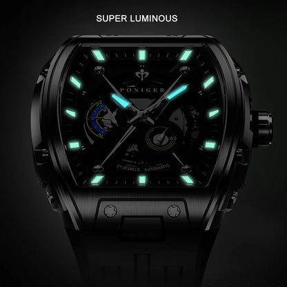 PONIGER Men Automatic Watch 46mm Luxury Tonneau Mechanical Wristwatch Sapphire Luminous Skeleton Dial Rubber Strap