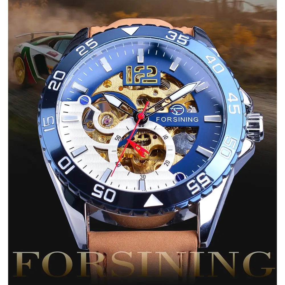 Moda Forsining marca única hombres reloj automático creativo medio azul blanco esfera hueca cuero genuino reloj mecánico Relojes