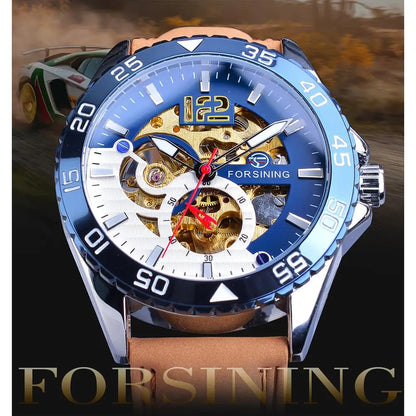 Moda Forsining marca única hombres reloj automático creativo medio azul blanco esfera hueca cuero genuino reloj mecánico Relojes