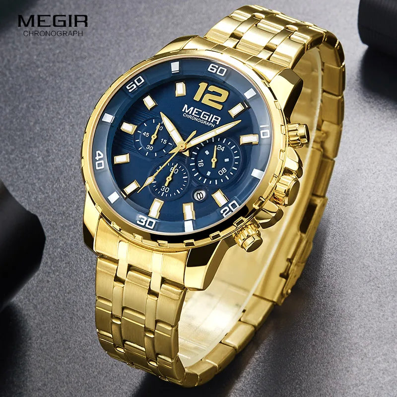 Relojes Megir de cuarzo de acero inoxidable dorado para hombre, reloj de pulsera Analgue con cronógrafo de negocios para hombre, resistente al agua, luminoso 2068ggd-2n3