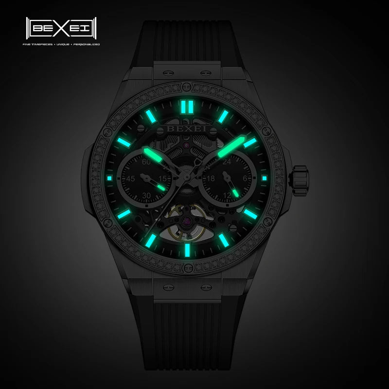 BEXEI 9129 relojes para hombre, relojes mecánicos con movimiento automático, 60 incrustaciones de circonio, espejo de zafiro sintético luminoso, resistente al agua