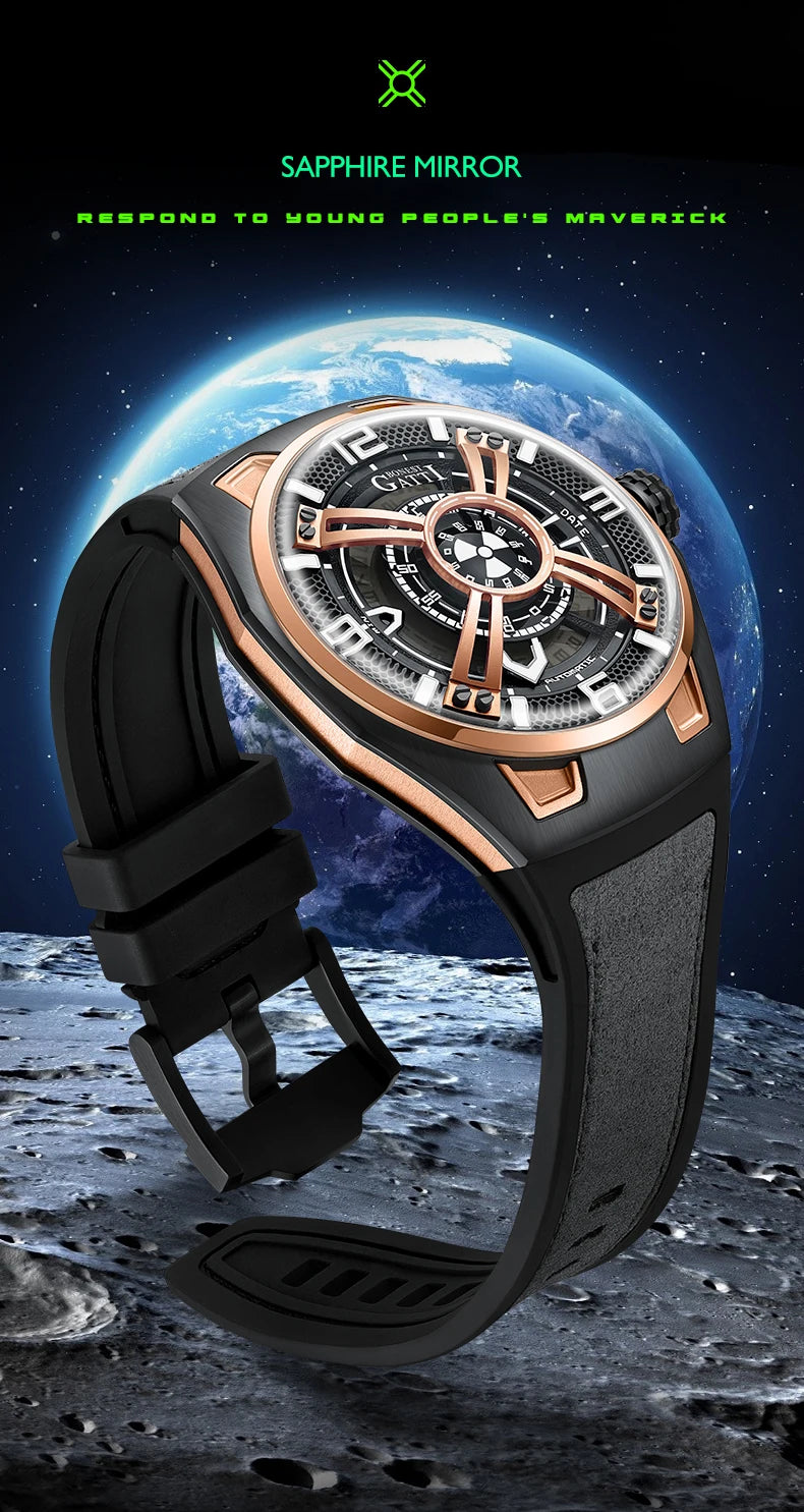 Reloj automático BONEST GATTI para hombre: reloj de pulsera mecánico de moda de 43 mm, resistente al agua hasta 50 m, cristal de zafiro, esfera luminosa, correa de piel de caucho fluorado