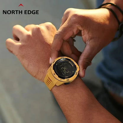 NORTH EDGE Reloj deportivo para hombre y mujer, reloj deportivo con doble horario, podómetro, cuenta atrás, resistente al agua, 50m, alarma Digital, relojes para hombre