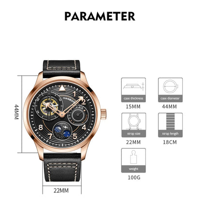 HANBORO Men Luxury Watch 42mm Moon Phase Automatic Mechanical Wristwatch Fashion Waterproof Luminous Skeleton Dial