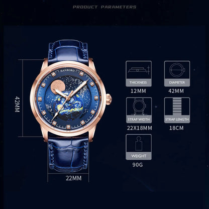 HANBORO Men Automatic Watch Luxury Moon Phase Watches Business Mechanical Wristwatches 50M Waterproof Luminous Sapphire Mirror