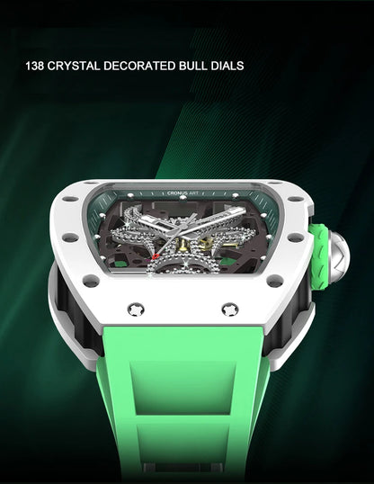 CRONUSART Men Automatic Watch Tonneau Mechanical Wristwatch Carbon Fibre Luminous Fluororubber Strap 138 Crystal Decorated Bull