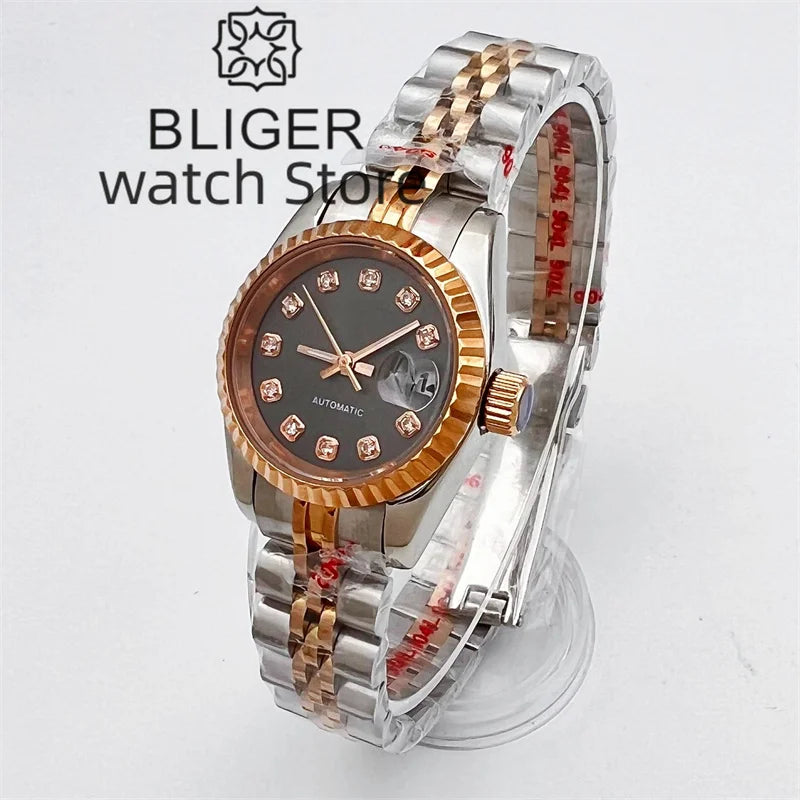 BLIGER New 26mm Women's Silver Rose Gold Classic Mechanical Watch NH05 Movement Gray Dial Sapphire Glass Women's Elegant Watch