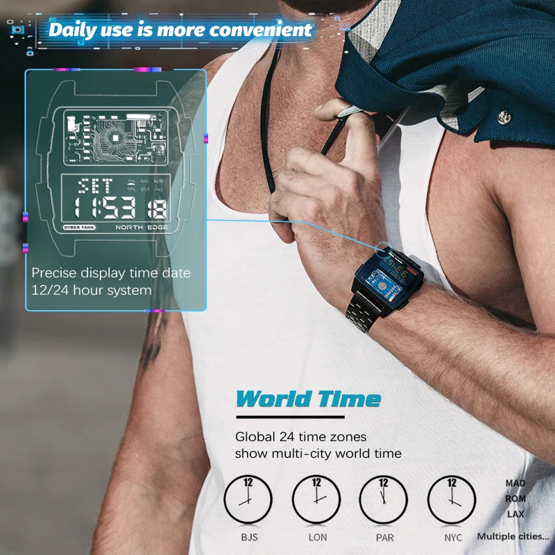 NORTH EDGE Nuevo reloj digital para hombre Estilo industrial retro Reloj deportivo con cuerpo metálico resistente al agua 50 M Cyber ​​Tank Reloj inteligente para hombre