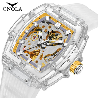 Reloj de lujo para hombre onola plástico transparente hueco relojes mecánicos completamente automáticos reloj impermeable para hombre