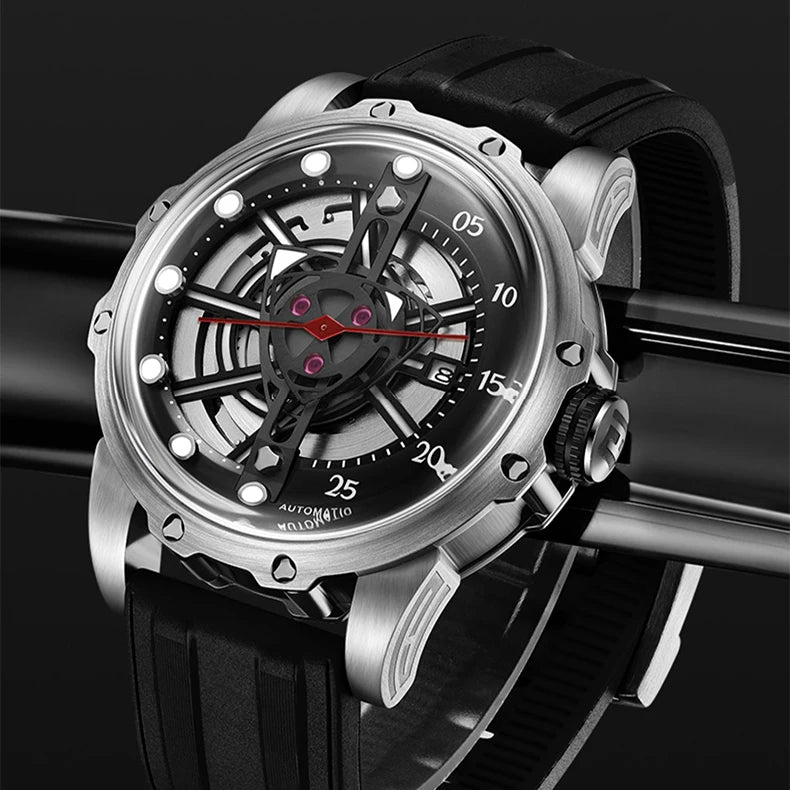 HANBORO Men Luxury Watch 44mm Automatic Watches Mechanical Wristwatch 100m Waterproof Luminous  Skeleton Rubber Strap 8215