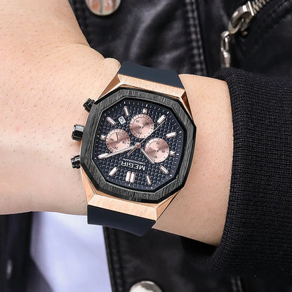 MEGIR Rose Black Fashion Sport Wristwatch Men Chronograph Clock Silicone Quartz Vintage Watch Men Business Relogio Masculino