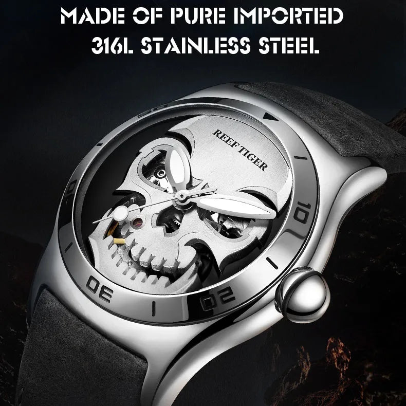 Reef Tiger Mens Automatic Watches Male Luxury Mechanical Wristwatch Bubble Sapphire Skeleton Skull Dial Leather Strap RGA70S7