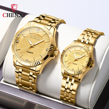 CHENXI Marca Clásico Delicado Diamante de Imitación Pareja Amante Relojes Moda de Lujo Oro Acero Inoxidable Hombres y Mujeres Reloj Orologi Coppia