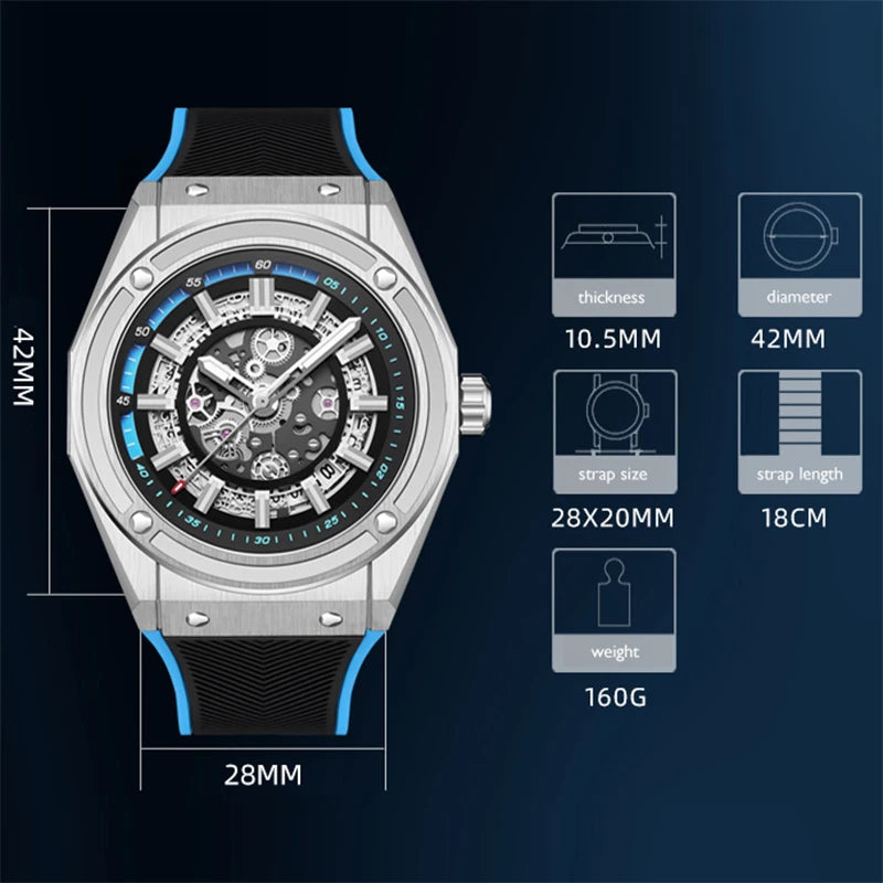 HANBORO Men Luxury Watch 42mm Automatic Watches Mechanical Wristwatch 50m Waterproof Luminous Skeleton Rubber Strap Miyota 8215