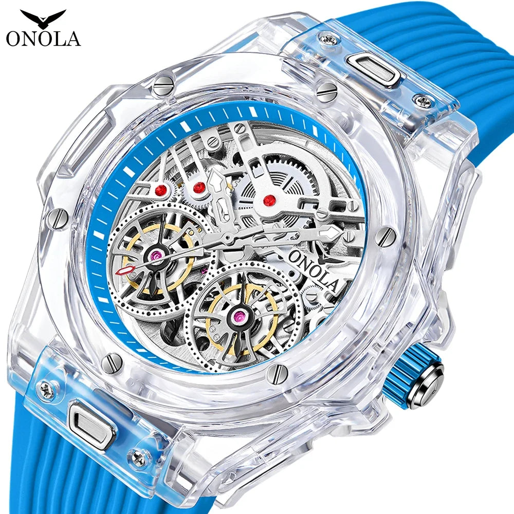 Reloj mecánico totalmente automático para hombre, transparente, ahuecado, a la moda, Tourbillon resistente al agua con cinta ONOLA, reloj para hombre