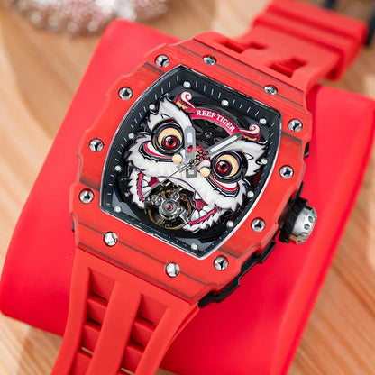 Reef Tiger Men Automatic Watch Tonneau Mechanical Wristwatch Carbon Fibre Case Fluororubber Strap Lion Dance Luminous Dial