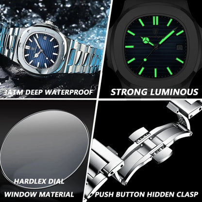 POEDAGAR 2023 nuevo Reloj cuadrado de cuarzo de lujo Reloj de negocios resistente al agua Reloj Masculino fecha luminosa Reloj de acero inoxidable para Hombre Reloj para Hombre