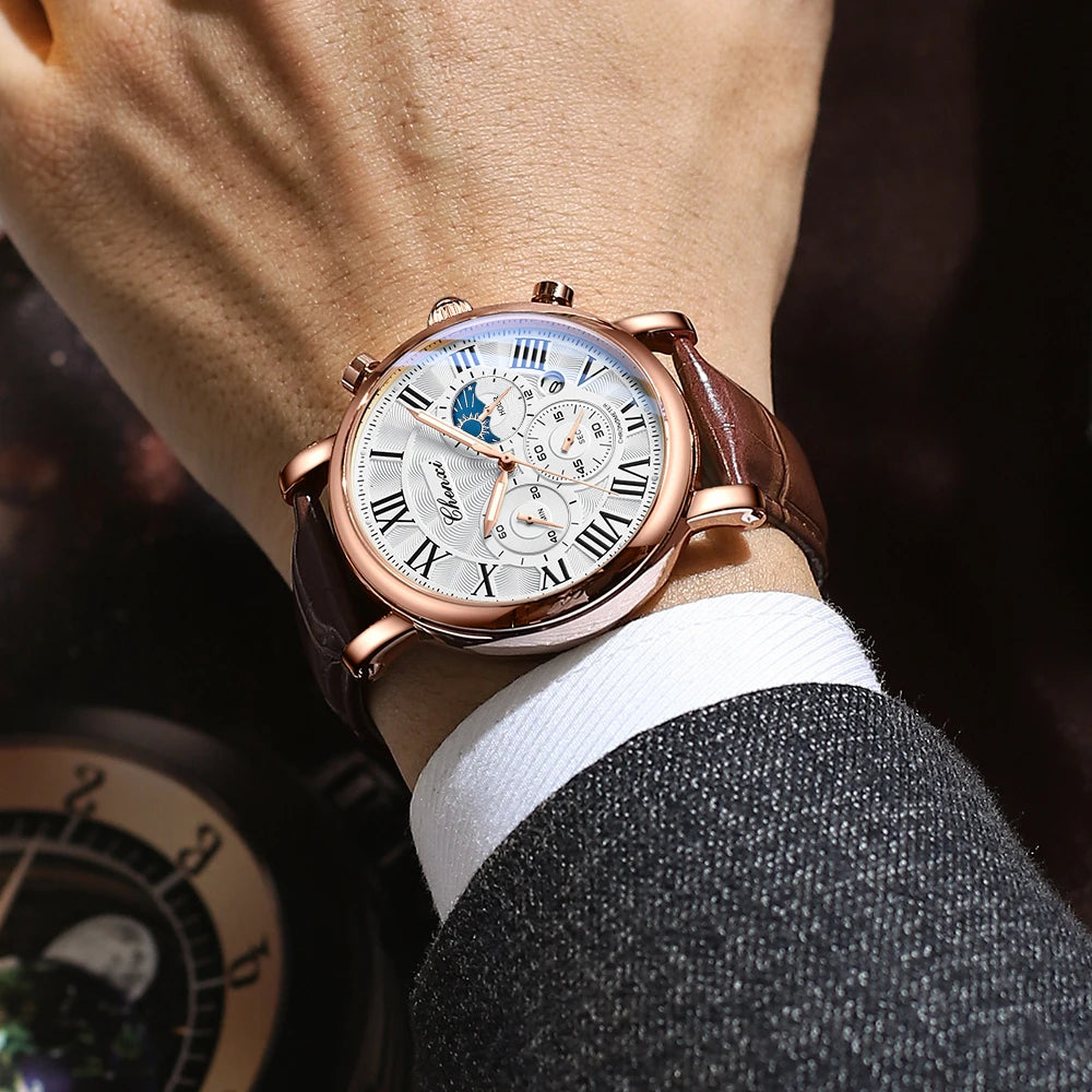 CHENXI New Chronograph Quartz Watch for Men Moon Phase Date Dial Clock Top Brand Male Leather Waterproof Luminous Wristwatch