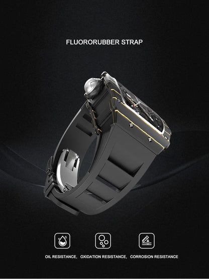 CRONUSART Men Automatic Watch Luxury Mechanical Wristwatch NTPT Carbon Fibre Tonneau Case Luminous Fluororubber Strap Skeleton