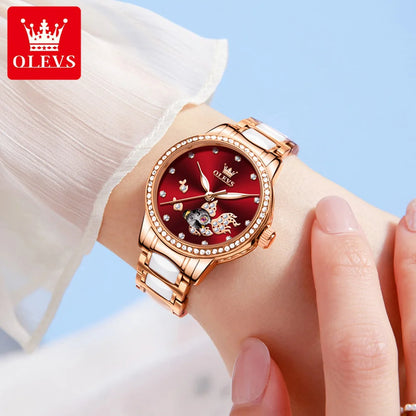 OLEVS Reloj mecánico automático para mujer Correa de cerámica Esqueleto Esfera de diamante Reloj de pulsera Original resistente al agua de oro rosa para mujer