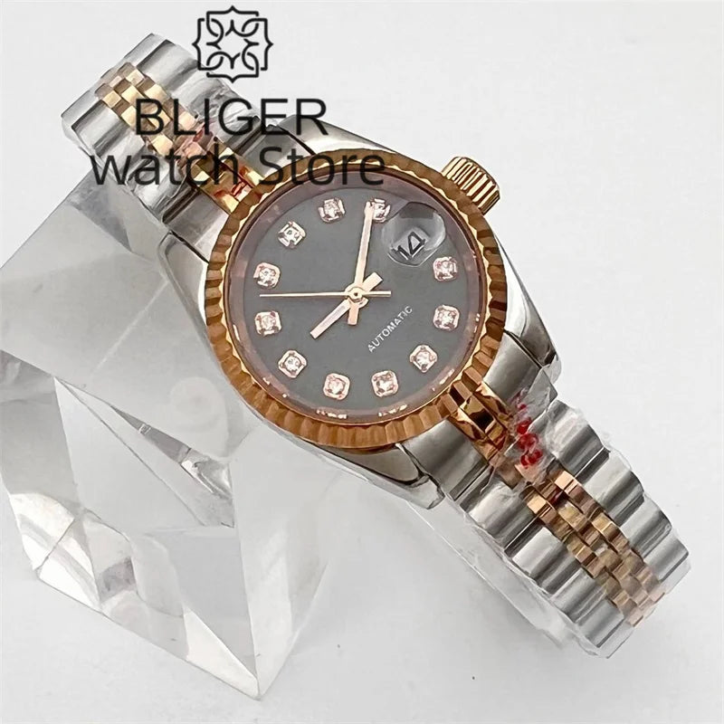 BLIGER New 26mm Women's Silver Rose Gold Classic Mechanical Watch NH05 Movement Gray Dial Sapphire Glass Women's Elegant Watch