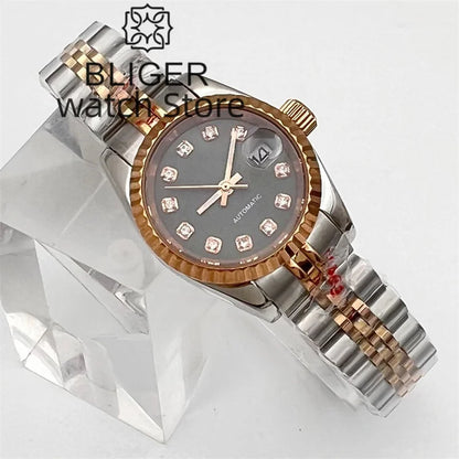 BLIGER nuevo reloj mecánico clásico de oro rosa plateado de 26mm para mujer movimiento NH05 esfera gris reloj elegante de cristal de zafiro para mujer