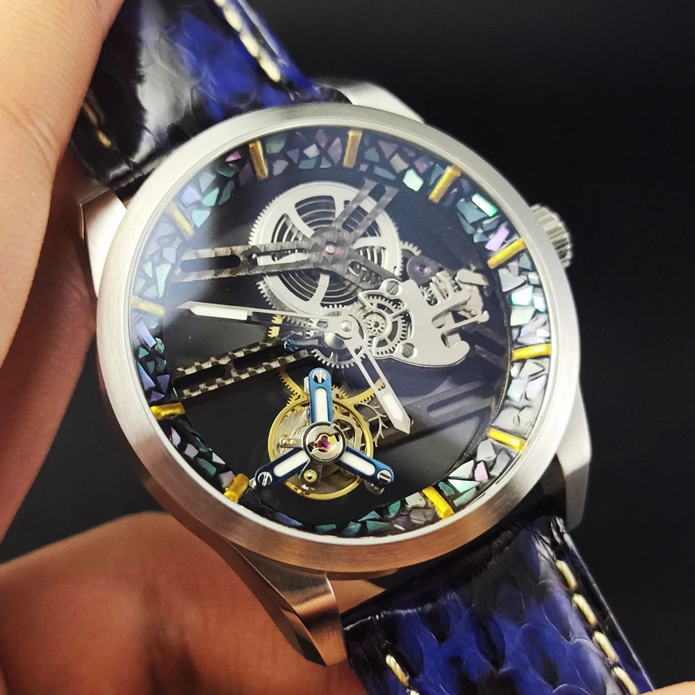 HUASUO 42mm Intangible Cultural Heritage Lacquerware Inlaid With Shell Bezel Men's Watch Tourbillon Movement 5Bar Waterproof