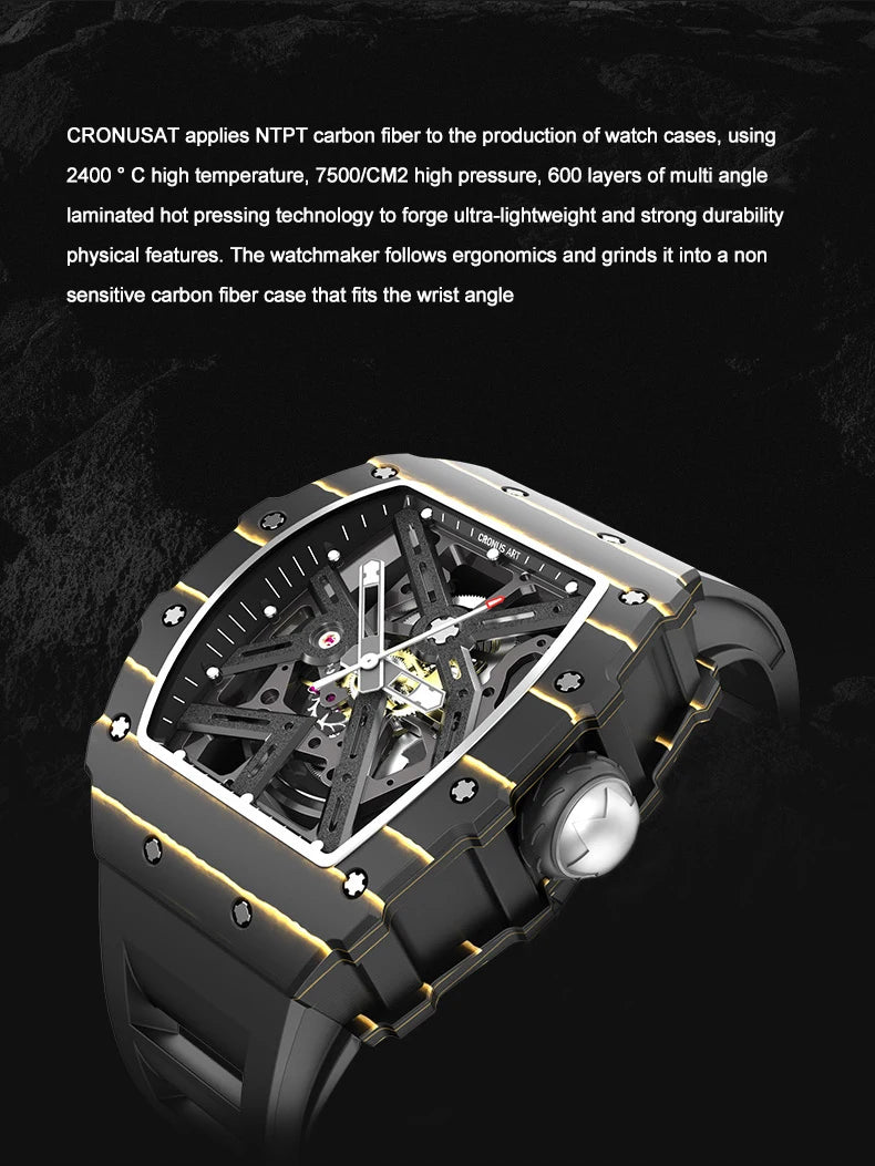 CRONUSART Men Automatic Watch Luxury Mechanical Wristwatch NTPT Carbon Fibre Tonneau Case Luminous Fluororubber Strap Skeleton