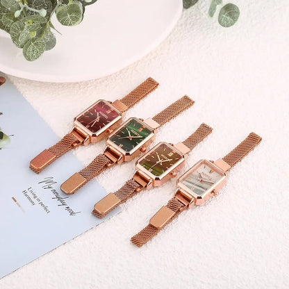 2024 New Women Watches Fashion Square Ladies Quartz Watch Magnetic Strap Green Dial Simple Rose Gold Mesh Luxury Women Watches