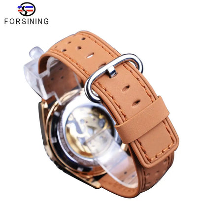 Moda Forsining marca única hombres reloj automático creativo medio azul blanco esfera hueca cuero genuino reloj mecánico Relojes