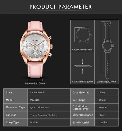 Reloj MEGIR para Mujer, relojes de moda para Mujer, Reloj de pulsera de cuarzo de cuero de lujo para Mujer, Reloj de negocios informal para Mujer, Reloj de vestir