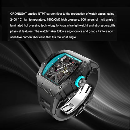 CRONUSART Men Automatic Watch 50mm*44mm Luxury Tonneau Mechanical Wristwatch Carbon Fibre Case Skeleton Dial Fluororubber Strap