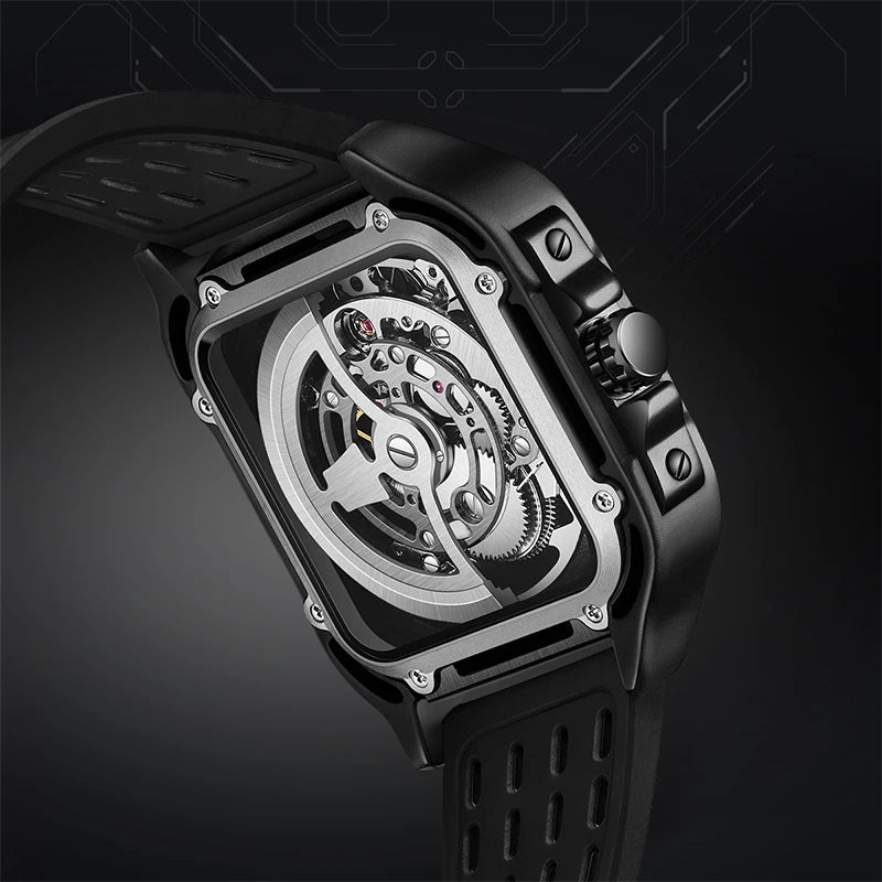 Mark Fairwhale Men Automatic Watch 42mm Square Luxury Watches 21 Jewels Mechanical Wristwatch Waterproof Luminous Skeleton Dial