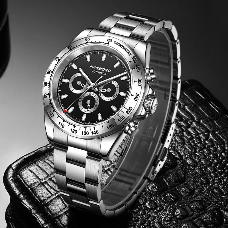 HANBORO Men Automatic Watch 43mm Luxury Mechanical Wristwatch Luminous Military 50M Waterproof Steel Strap Week Date