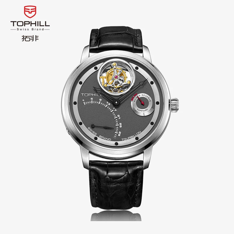 Reloj Tophill Tourbillon para hombre, reloj de pulsera mecánico automático de 42,5mm, correa de cuero de zafiro SL5522B, esfera de reserva de energía