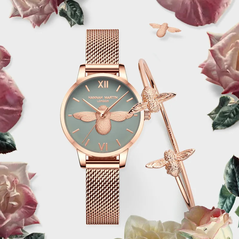 HANNAH MARTIN relojes para Mujer 3D Little Bee Dial movimiento de cuarzo japonés correa de malla de moda Reloj de Mujer pulsera Reloj de Mujer