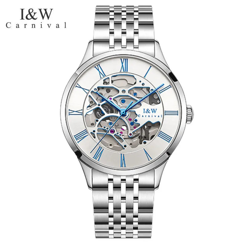 New Switzerland Luxury Brand I&W CARNIVAL Japan Automatic Mechanical Men‘s Watches Sapphire Waterproof Dual Skeleton Clock C522G