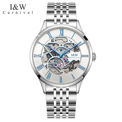 New Switzerland Luxury Brand I&W CARNIVAL Japan Automatic Mechanical Men‘s Watches Sapphire Waterproof Dual Skeleton Clock C522G