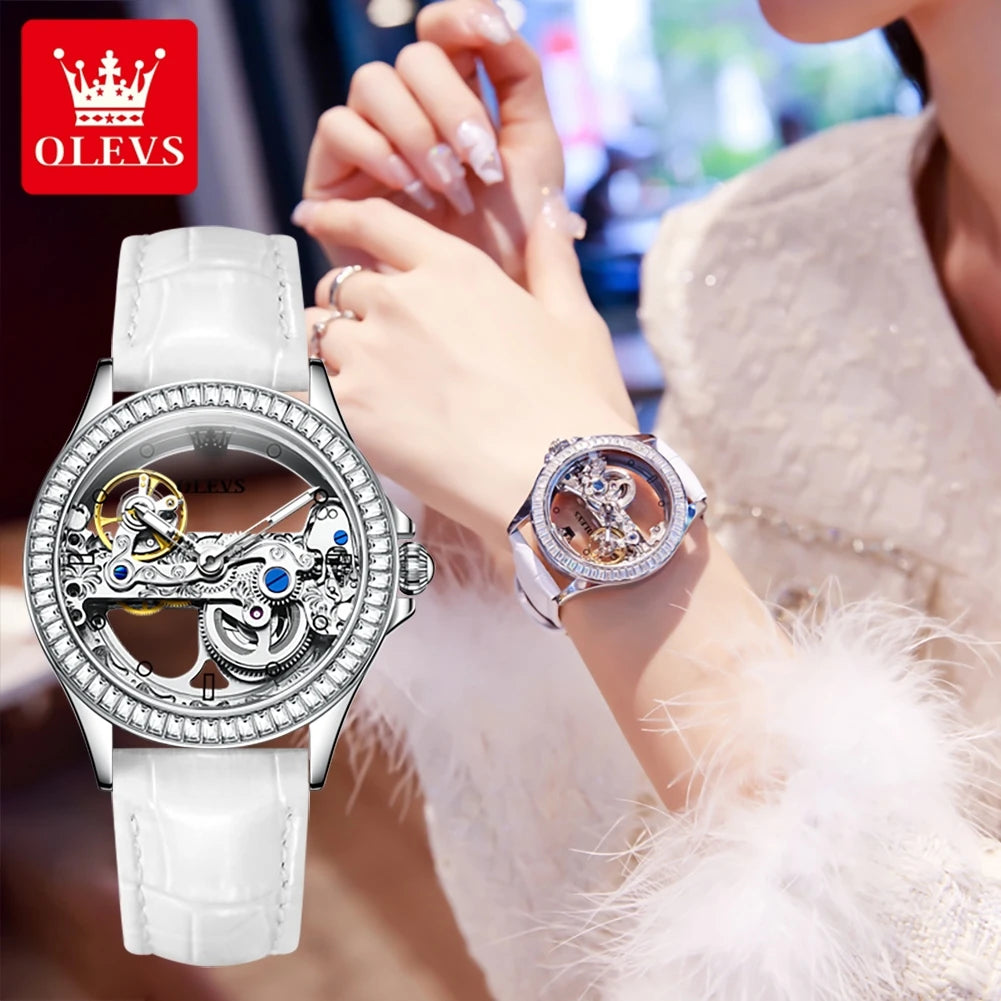 OLEVS Fully Hollow Out Mechanical Watch for Women Luxury Fashion Diamond Lap Ladies Wristwatch Elegant Automatic Women's Watches