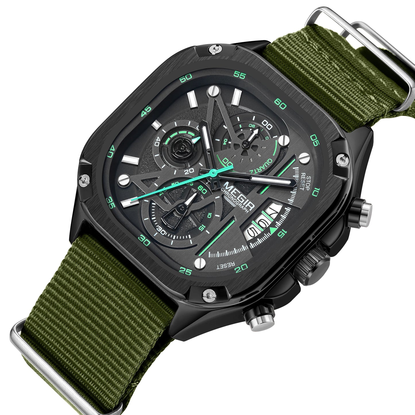 MEGIR Green Canvas Band Men‘s Quartz Sports Watches Waterproof Clock Chronograph Luminous Hands Large Dial Wristwatch for Men