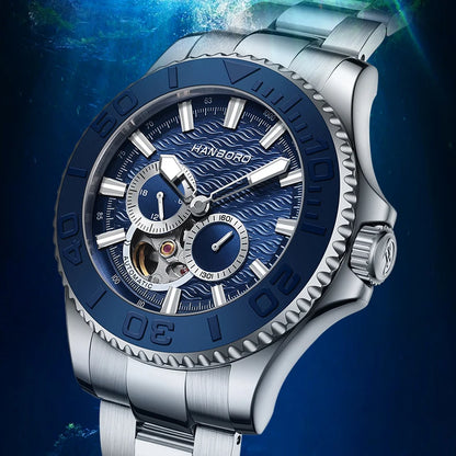 HANBORO Men Luxury Watch 43mm Automatic Watches Mechanical Wristwatch Sport 50m Waterproof Luminous Skeleton Ceramic Bezel 82S7