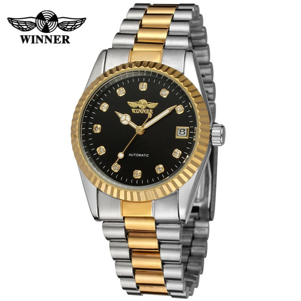 Reloj de pulsera para hombre de oro de lujo de la mejor marca WINNER, reloj de negocios para hombre, relojes mecánicos automáticos, esqueleto de acero para hombre