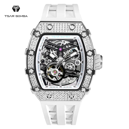 TSAR BOMBA Diamond Automatic Watches for Men Luxury Mens Mechanical Watch Sapphire White Wristwatch Waterproof Skeleton Clock