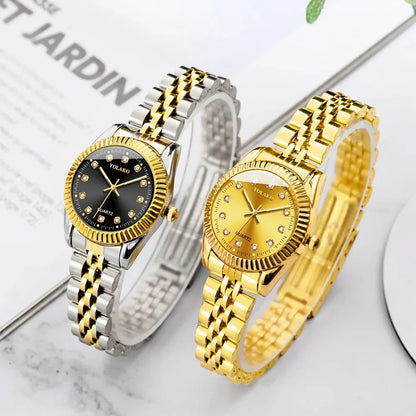 Relojes de cuarzo con calendario de acero inoxidable para mujer y hombre, reloj de pulsera dorado a la moda para tiempo libre, reloj