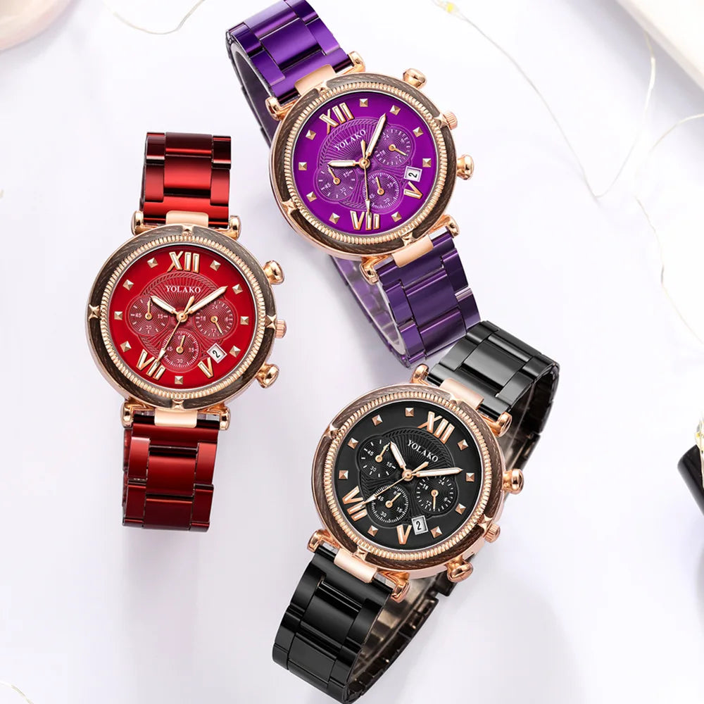 Fashion 5pcs Watch Set Women Blue Watches Women Stainless Steel Auto Date Quartz Wristwatches Montre Pour Femme Reloj Mujer 2022